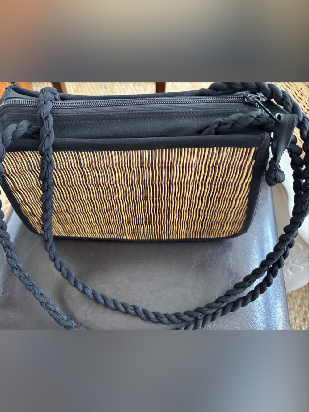 Woven Straw and black Crossbody Bag